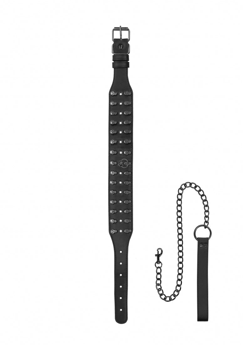 Ouch! Skulls And Bones - Neck Chain With Skulls And Leash - Black