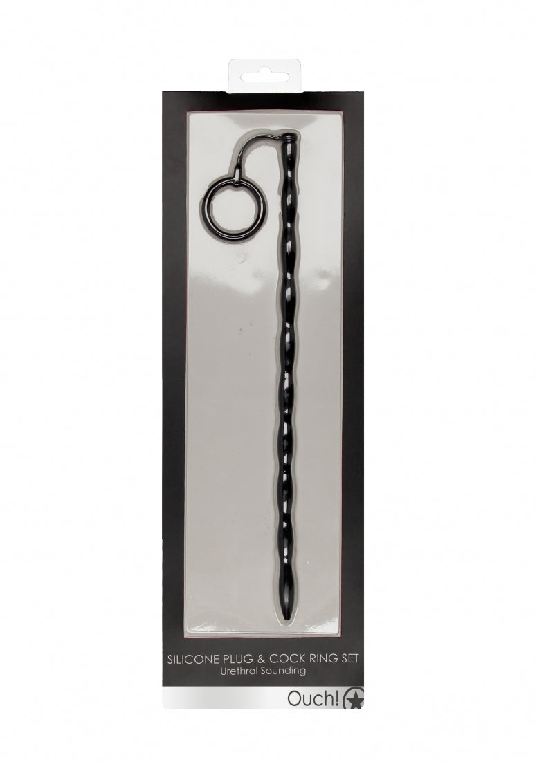 Silicone Plug & Cock Ring Set - Urethral Sounding - Black