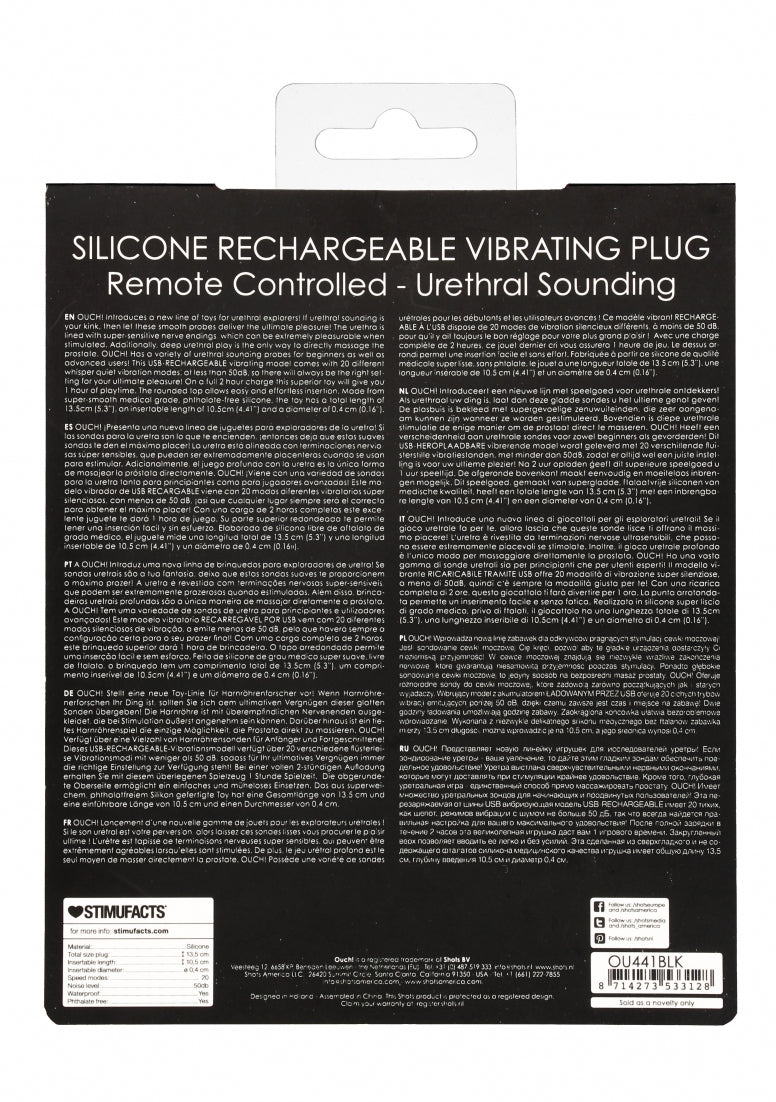 Silicone Rechargeable Vibrating Plug Remote Controlled - Urethral Sounding