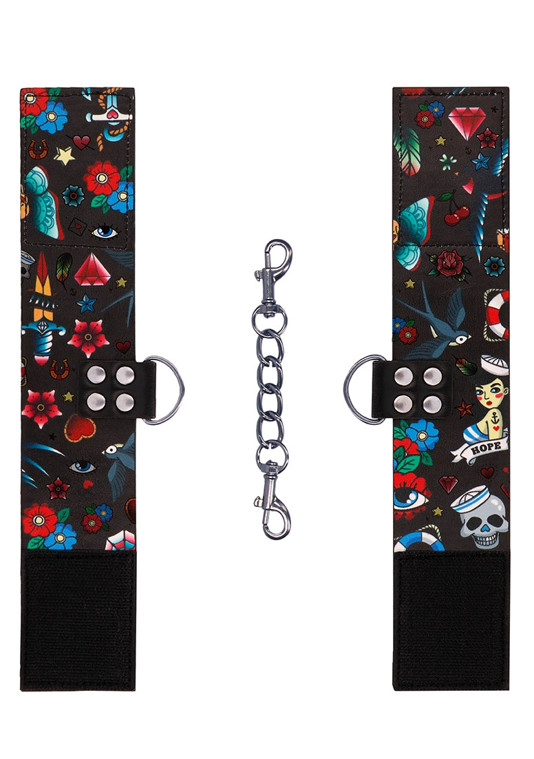 Printed Hand Cuffs - Old School Tattoo Style - Black