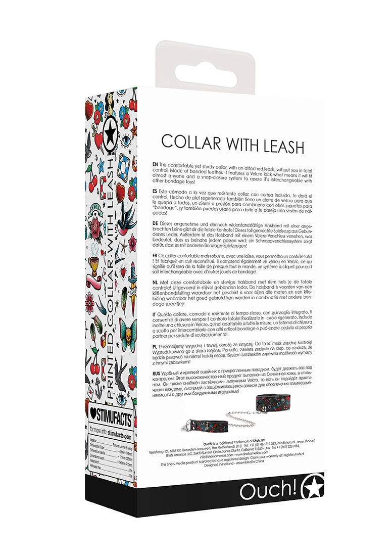 Printed Collar With Leash - Old School Tattoo Style - Black