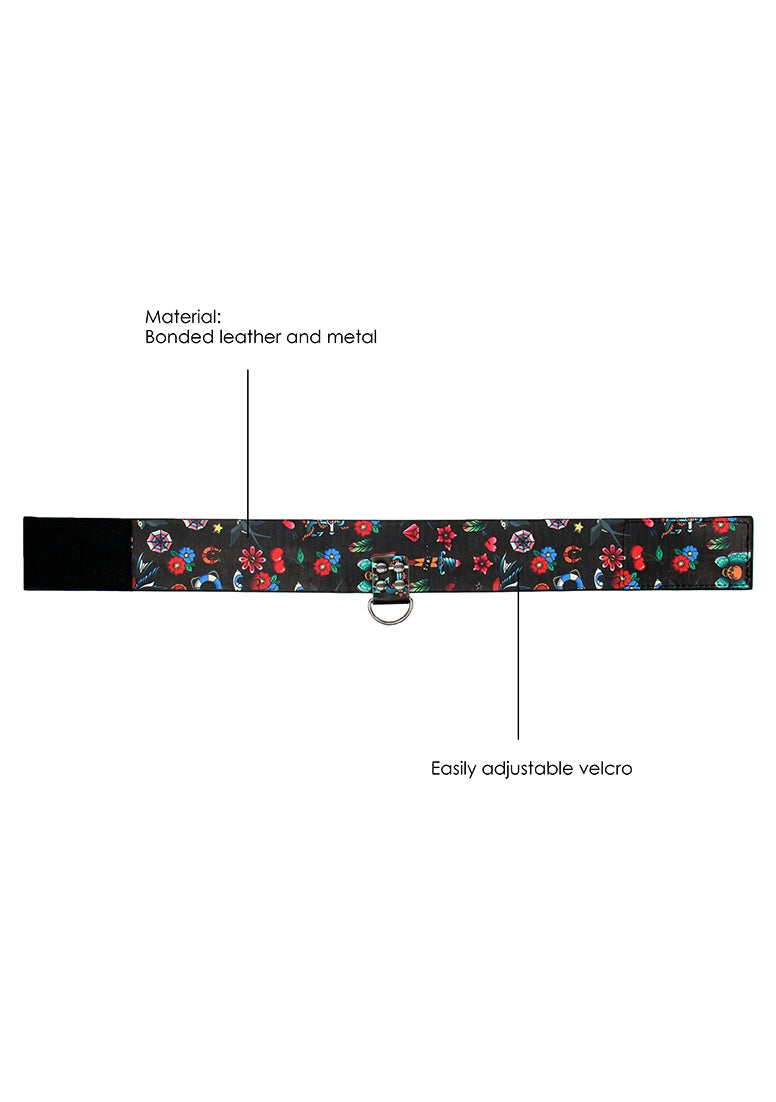 Printed Collar With Leash - Old School Tattoo Style - Black