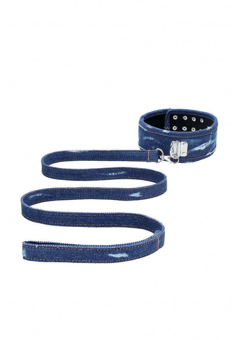 Denim Collar - With Leash - Roughend Denim Style - Blue