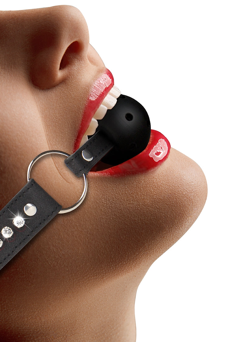Breathable Ball Gag - With Diamond Studded Straps - Black