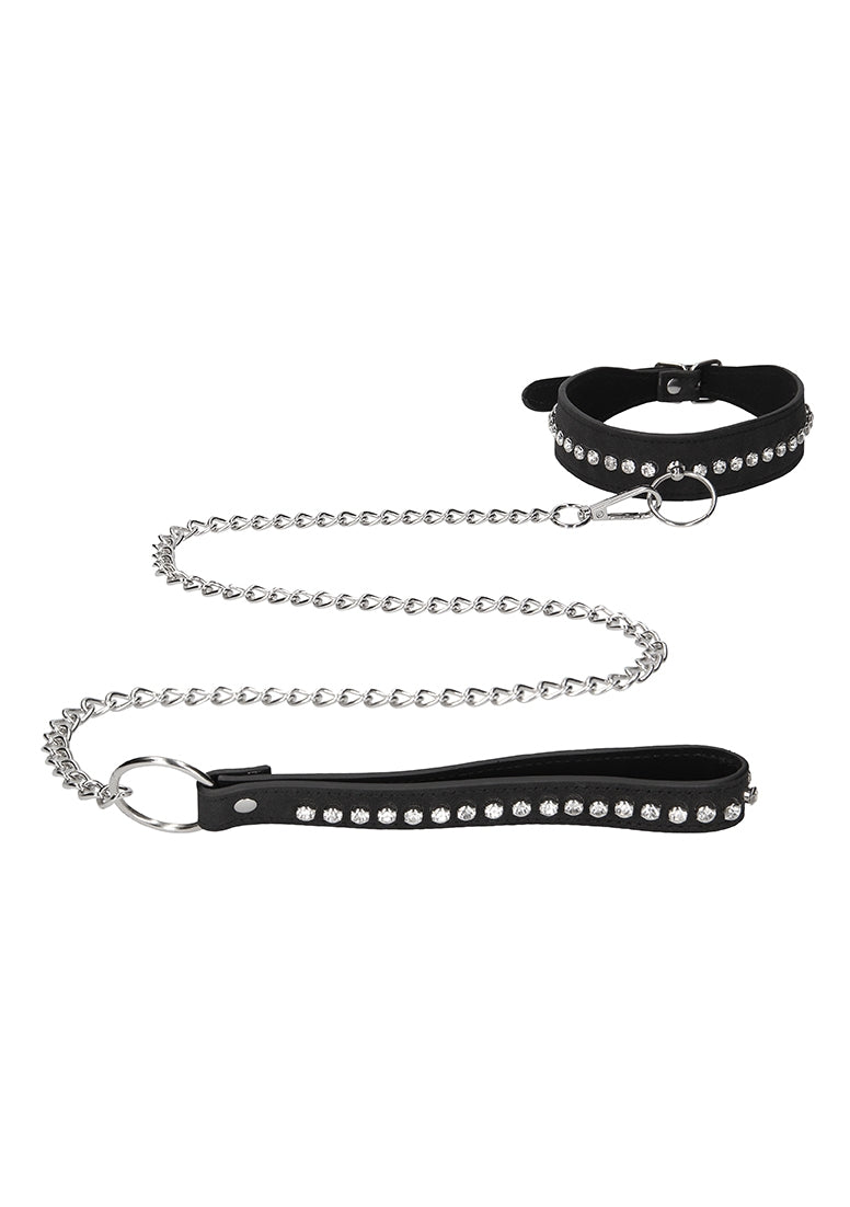Diamond Studded Collar With Leash - Black