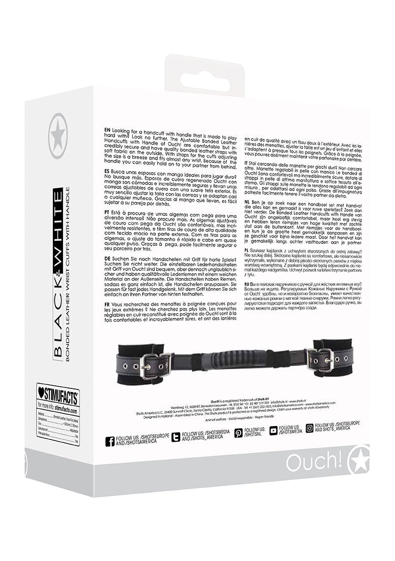 Bonded Leather Hand Cuffs With Handle - With Adjustable Straps