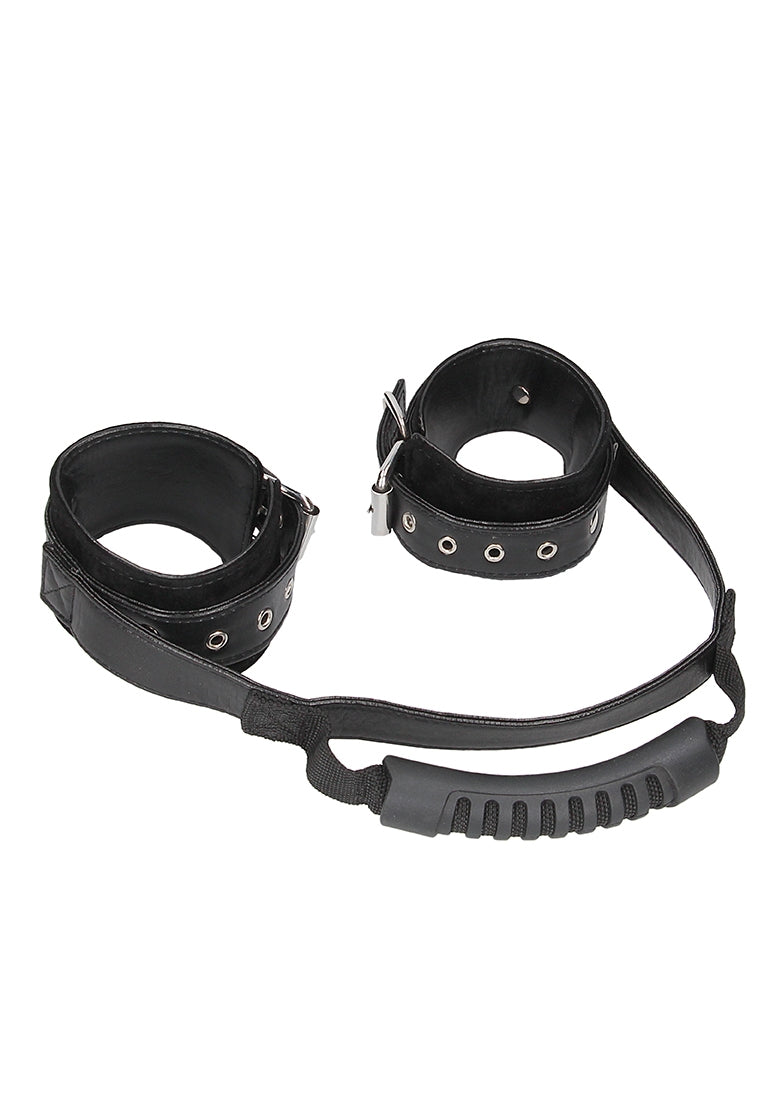 Bonded Leather Hand Cuffs With Handle - With Adjustable Straps