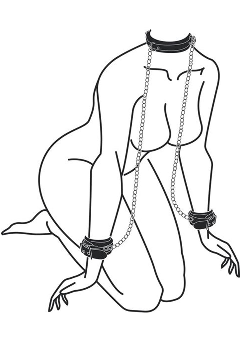 Bonded Leather Collar With Hand Cuffs - With Adjustable Straps And Chain