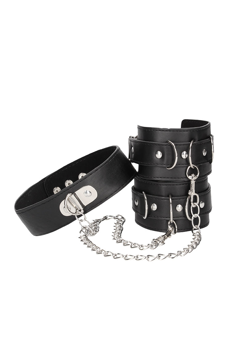 Bonded Leather Collar With Hand Cuffs - With Adjustable Straps And Chain